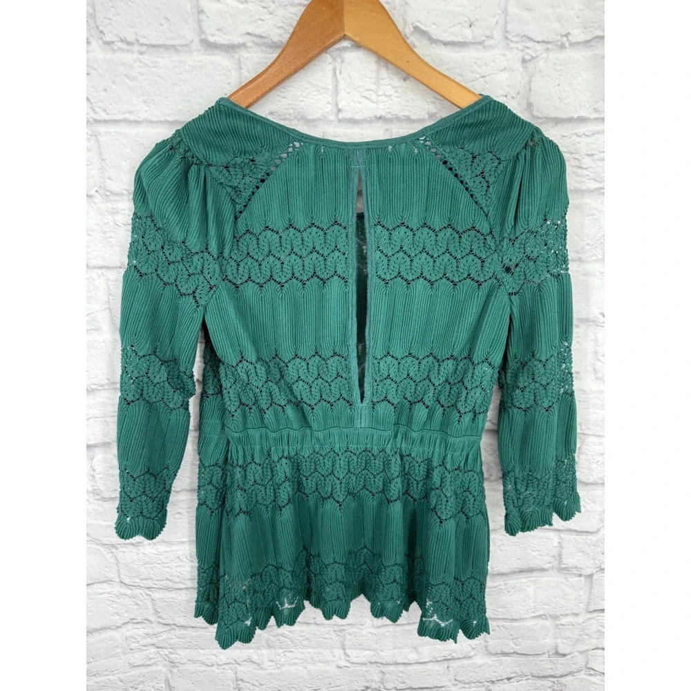 Free People Fire Island Crochet Knit Top XS Teal Green Lace Boho Peplum Blouse